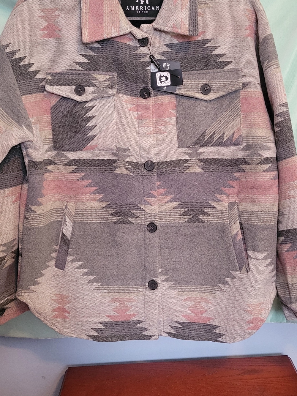 American Stitch Aztec Button-Up Shirt Jacket in Gray and Dusty Pink